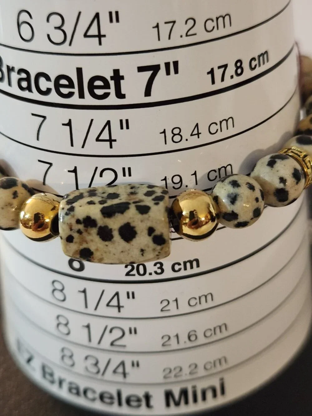 Hand Crafted Dalmatian Jasper Stretch Bracelet With Gold Accents Black Beige